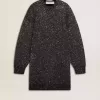 Abito nero da donna con scollo rotondo e paillettes argentate su tutta la superficie