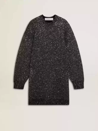 Abito nero da donna con scollo rotondo e paillettes argentate su tutta la superficie