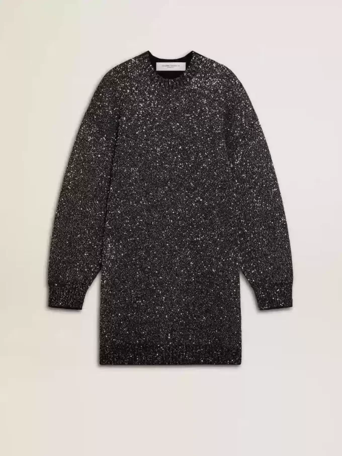 Abito nero da donna con scollo rotondo e paillettes argentate su tutta la superficie