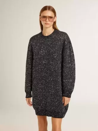 Abito nero da donna con scollo rotondo e paillettes argentate su tutta la superficie