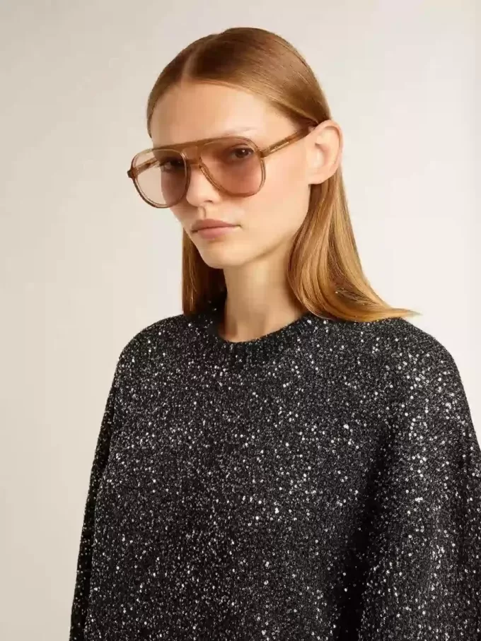 Abito nero da donna con scollo rotondo e paillettes argentate su tutta la superficie