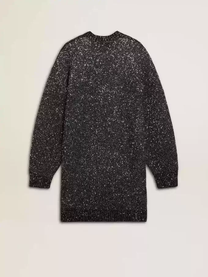 Abito nero da donna con scollo rotondo e paillettes argentate su tutta la superficie