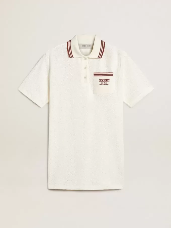 Abito polo da donna Oasis in jersey traforato bianco con strisce bordeaux