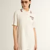 Abito polo da donna Oasis in jersey traforato bianco con strisce bordeaux