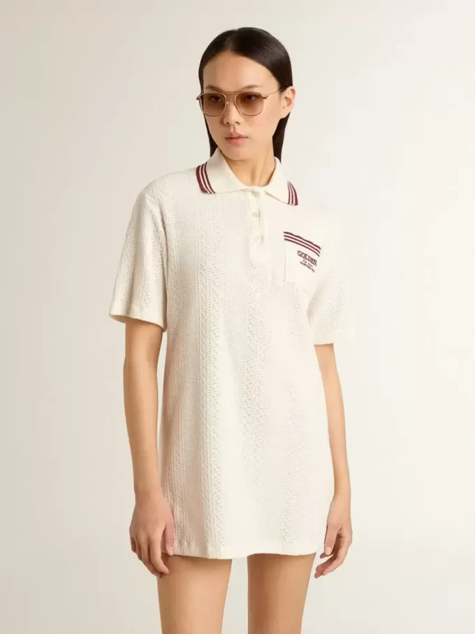 Abito polo da donna Oasis in jersey traforato bianco con strisce bordeaux