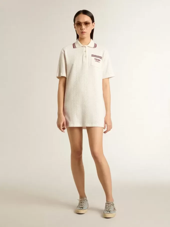 Abito polo da donna Oasis in jersey traforato bianco con strisce bordeaux