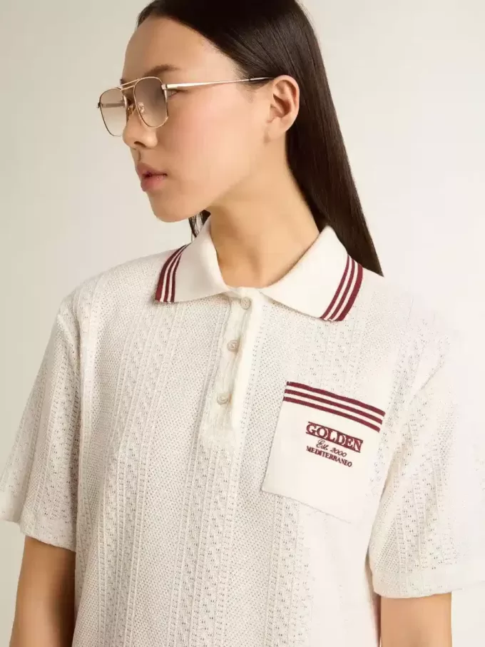 Abito polo da donna Oasis in jersey traforato bianco con strisce bordeaux