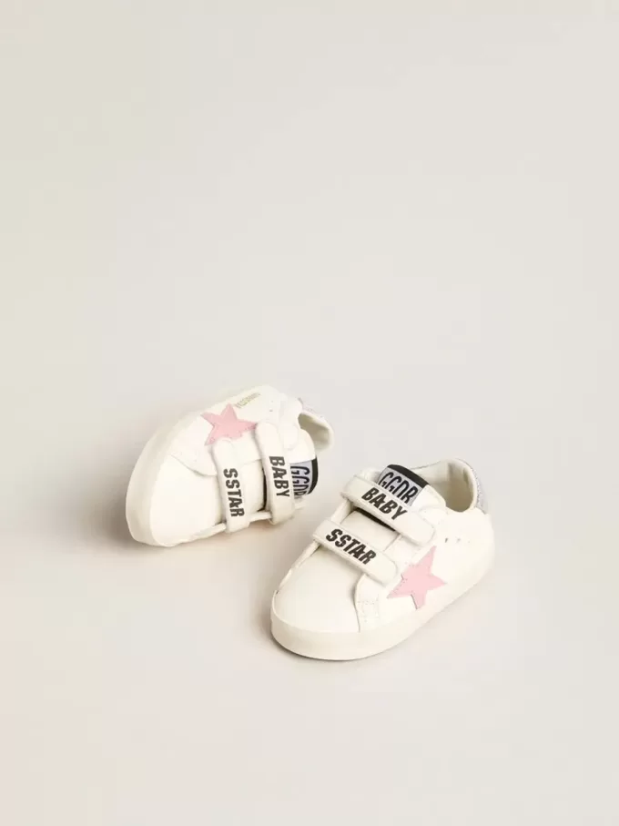 Baby Old School con stella in pelle rosa e linguetta sul tallone in pelle argentata