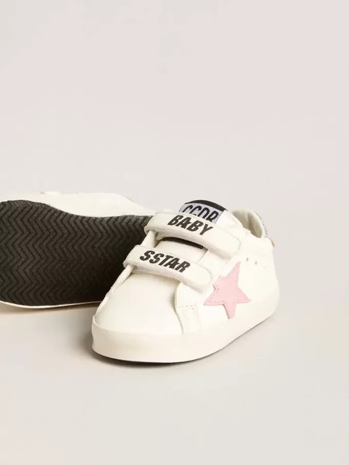 Baby Old School con stella in pelle rosa e linguetta sul tallone in pelle argentata