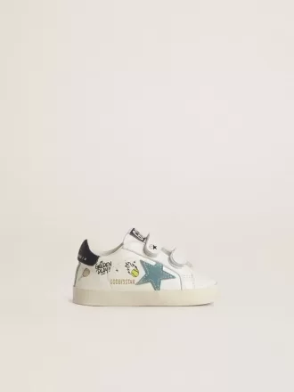 Baby School in nappa bianca con stella in pelle scamosciata azzurra e motivo tennis