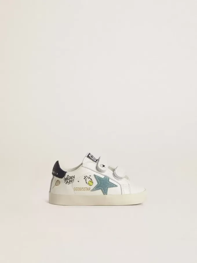 Baby School in nappa bianca con stella in pelle scamosciata azzurra e motivo tennis