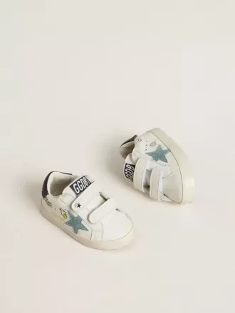 Baby School in nappa bianca con stella in pelle scamosciata azzurra e motivo tennis
