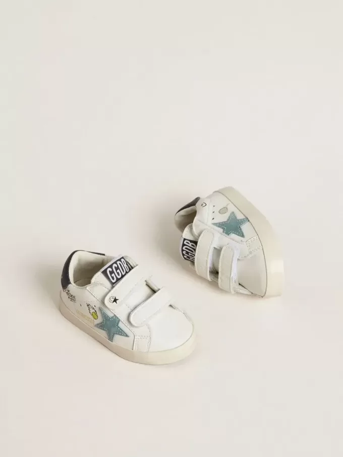 Baby School in nappa bianca con stella in pelle scamosciata azzurra e motivo tennis