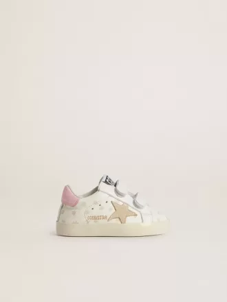 Baby School in nappa con motivo floreale rosa e stella in camoscio beige