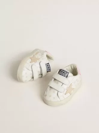 Baby School in nappa con motivo floreale rosa e stella in camoscio beige
