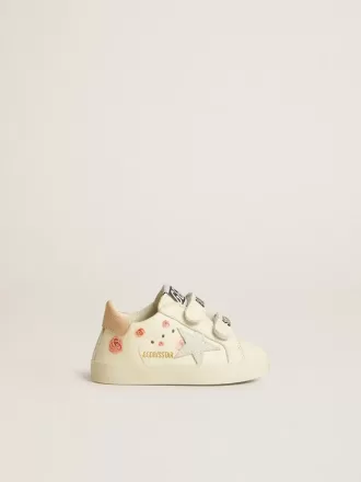Baby School in pelle nappa con motivo rosa e stella in camoscio bianco