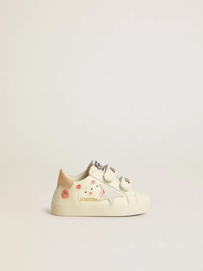 Baby School in pelle nappa con motivo rosa e stella in camoscio bianco