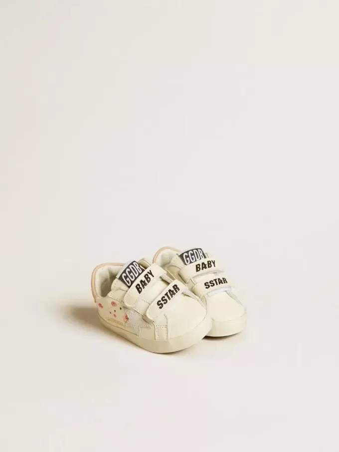 Baby School in pelle nappa con motivo rosa e stella in camoscio bianco