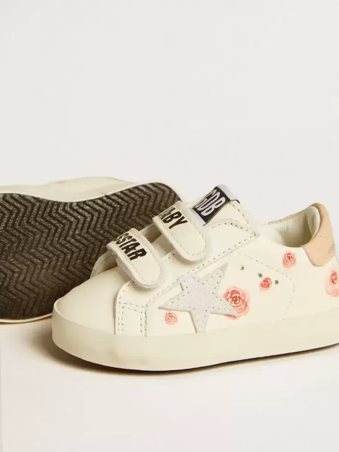 Baby School in pelle nappa con motivo rosa e stella in camoscio bianco