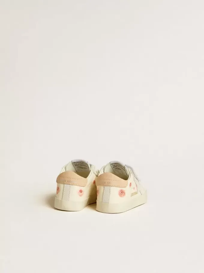Baby School in pelle nappa con motivo rosa e stella in camoscio bianco