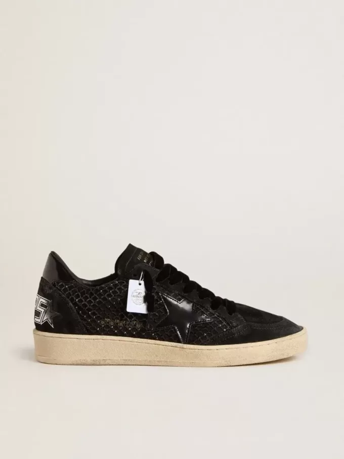 Ball Star da donna in mesh con cristalli Swarovski e stella e tallone in pelle laminata nera Ball Star da donna in mesh con cristalli Swarovski e stella e tallone in pelle laminata nera