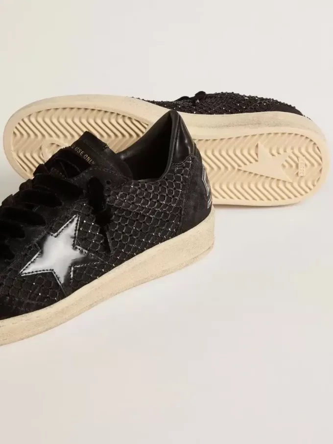 Ball Star da donna in mesh con cristalli Swarovski e stella e tallone in pelle laminata nera Ball Star da donna in mesh con cristalli Swarovski e stella e tallone in pelle laminata nera