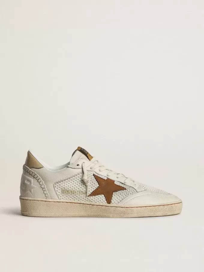 Ball Star da donna in nappa bianca e mesh con stella in nabuk color tabacco e linguetta sul tallone beige