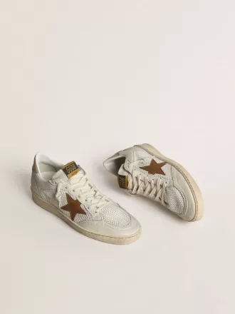 Ball Star da donna in nappa bianca e mesh con stella in nabuk color tabacco e linguetta sul tallone beige