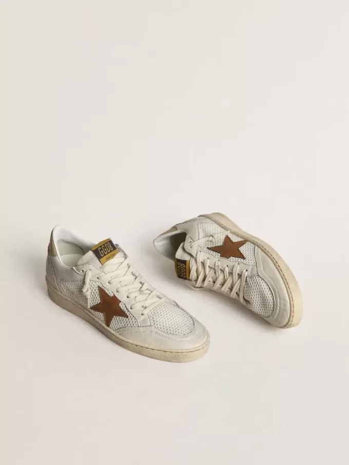 Ball Star da donna in nappa bianca e mesh con stella in nabuk color tabacco e linguetta sul tallone beige