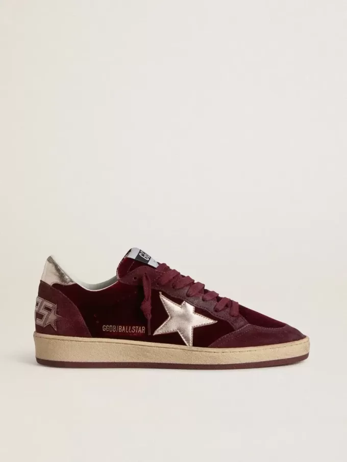 Ball Star da donna in velluto bordeaux con stella e linguetta sul tallone in pelle metallizzata dorata