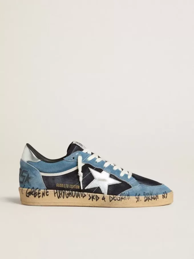 Ball Star da uomo in pelle scamosciata blu con stella e linguetta sul tallone in pelle argentata Ball Star da uomo in pelle scamosciata blu con stella e linguetta sul tallone in pelle argentata
