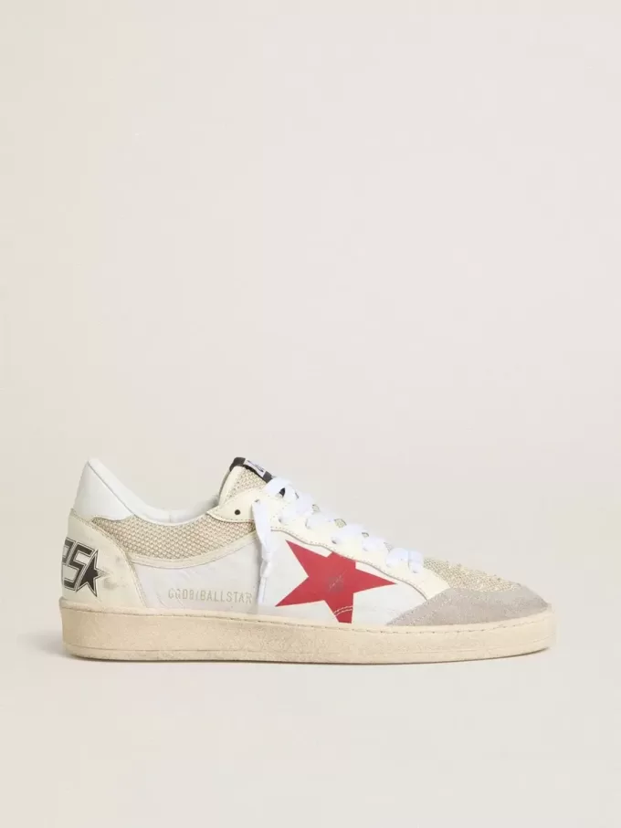 Ball Star in nylon e mesh bianco con stella in nylon rosso e linguetta sul tallone in pelle bianca