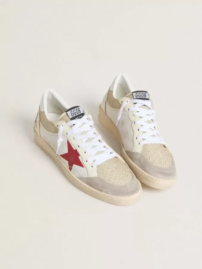 Ball Star in nylon e mesh bianco con stella in nylon rosso e linguetta sul tallone in pelle bianca