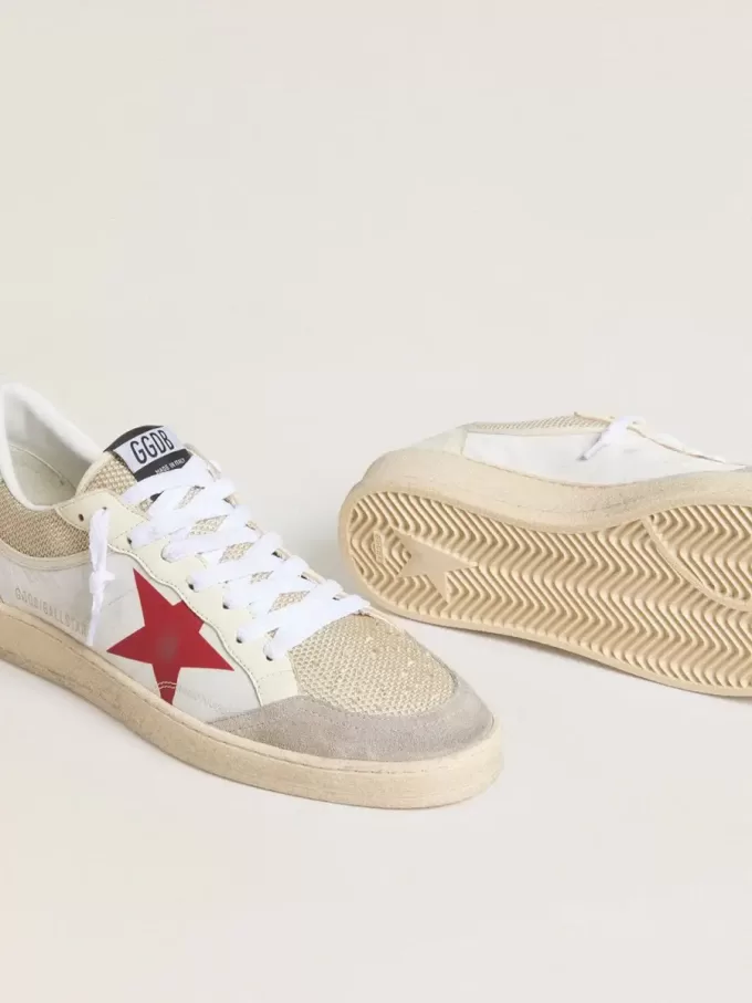 Ball Star in nylon e mesh bianco con stella in nylon rosso e linguetta sul tallone in pelle bianca