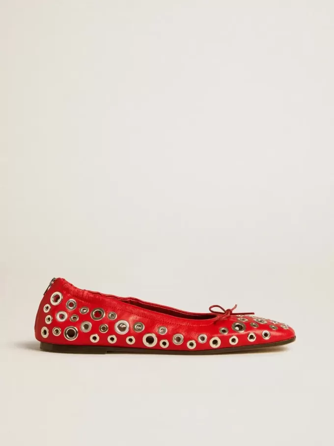 Ballerine Amy in pelle nappa rossa con borchie color argento