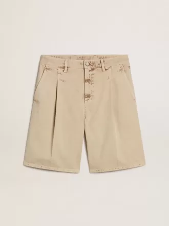 Bermuda da uomo in denim beige con finitura effetto vissuto