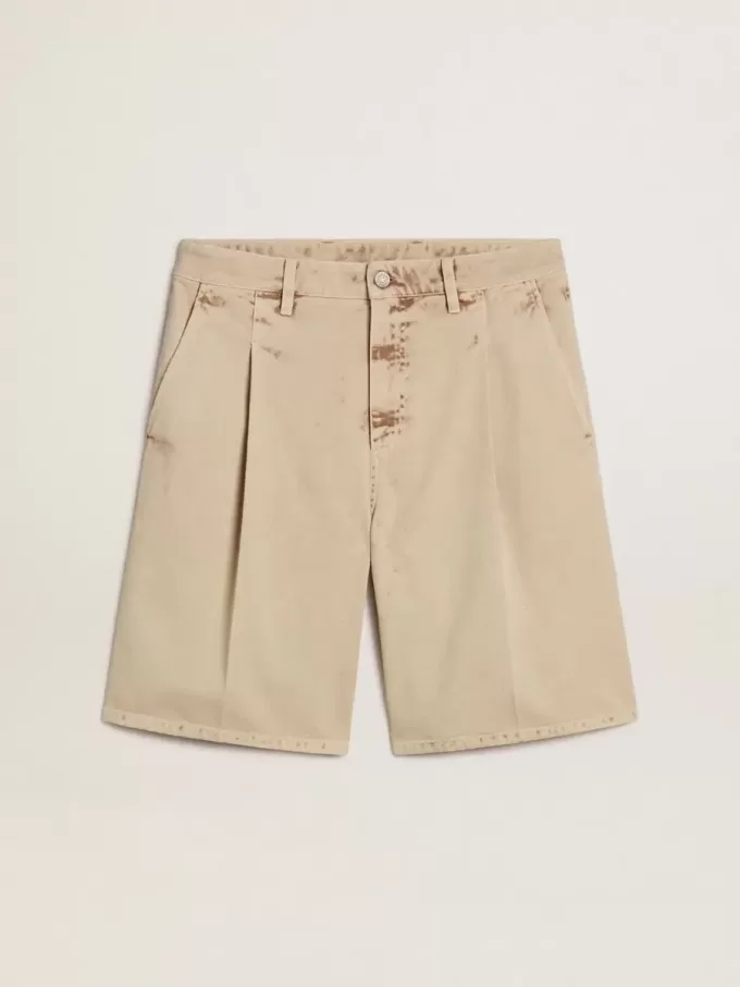 Bermuda da uomo in denim beige con finitura effetto vissuto