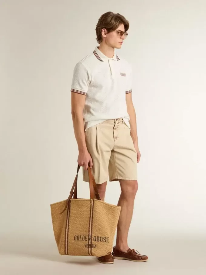 Bermuda da uomo in denim beige con finitura effetto vissuto