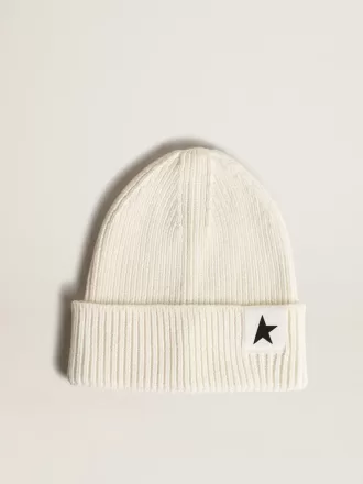 Berretto in cotone bianco sporco con stella nera a contrasto