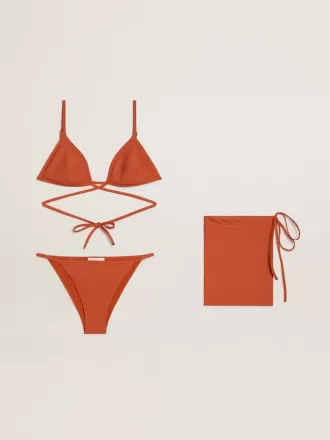 Bikini da donna in jersey a costine rosso mattone con lacci e dettagli dorati