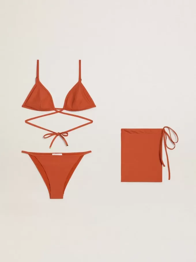 Bikini da donna in jersey a costine rosso mattone con lacci e dettagli dorati