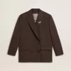 Blazer doppiopetto da donna in lana marrone scuro con motivo a righe sottili