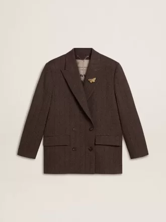 Blazer doppiopetto da donna in lana marrone scuro con motivo a righe sottili