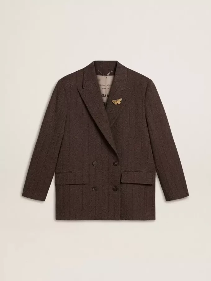 Blazer doppiopetto da donna in lana marrone scuro con motivo a righe sottili