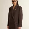 Blazer doppiopetto da donna in lana marrone scuro con motivo a righe sottili