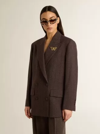Blazer doppiopetto da donna in lana marrone scuro con motivo a righe sottili