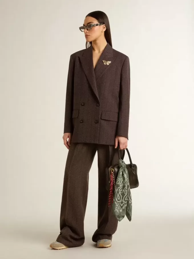 Blazer doppiopetto da donna in lana marrone scuro con motivo a righe sottili
