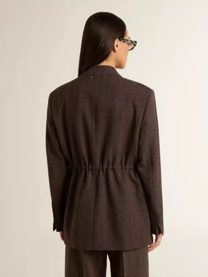 Blazer doppiopetto da donna in lana marrone scuro con motivo a righe sottili