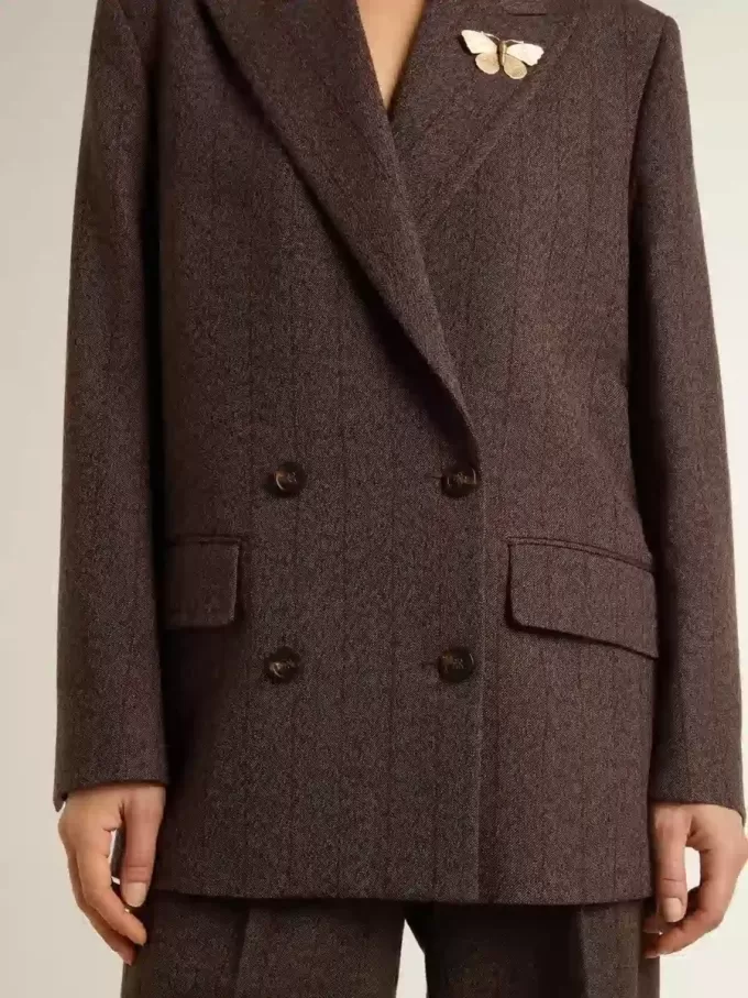 Blazer doppiopetto da donna in lana marrone scuro con motivo a righe sottili