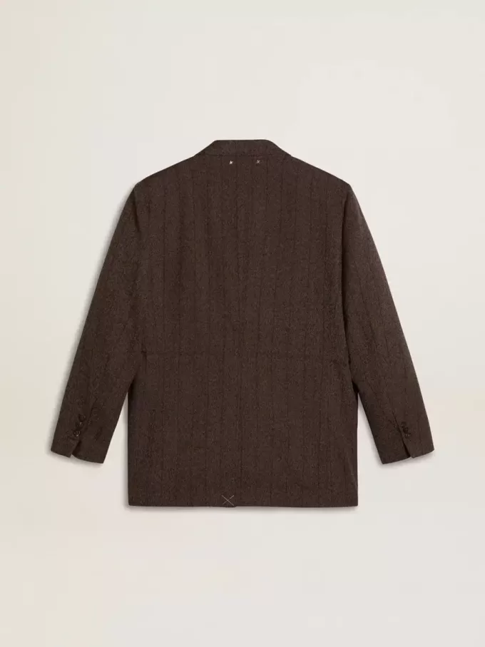 Blazer doppiopetto da donna in lana marrone scuro con motivo a righe sottili